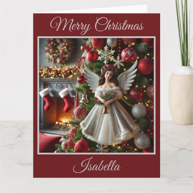 Cartão Árvore de Natal com Anjo (Vermelho) (Frente)