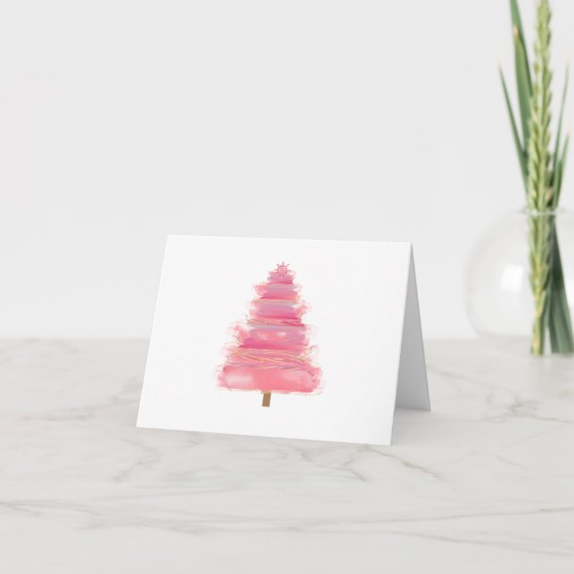 Cartão Árvore de Natal com Aquarela Rosa    (Frente)