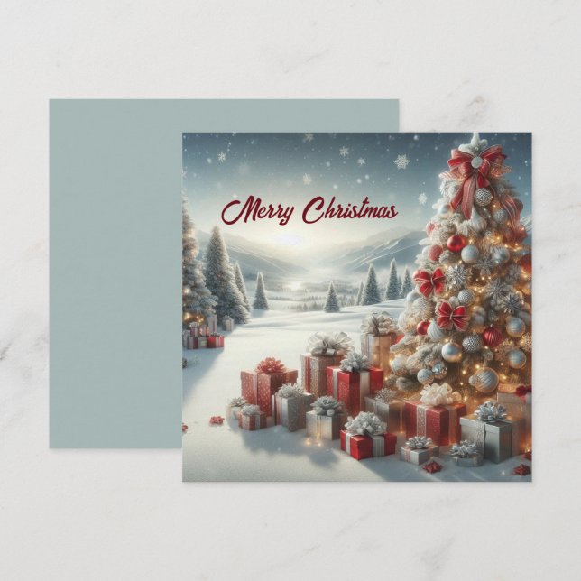 Cartão Árvore de Natal com presentes na neve (Frente/Verso)