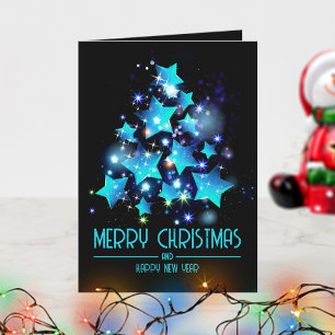 Cartão Árvore de Natal Corporativa Neon Azul Brilhante Na