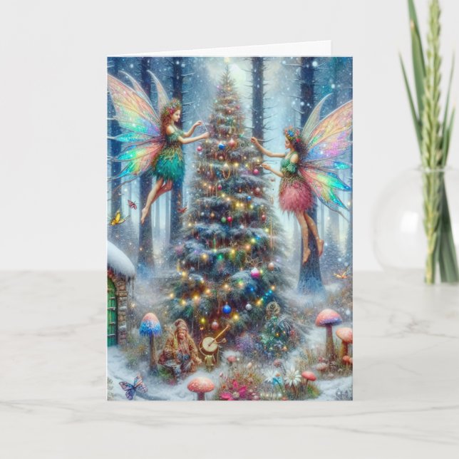 Cartão Árvore de Natal de Magia e Elves (Frente)