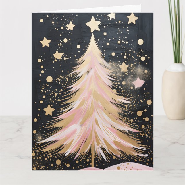 Cartão Árvore de Natal de Ouro rosa (Frente)