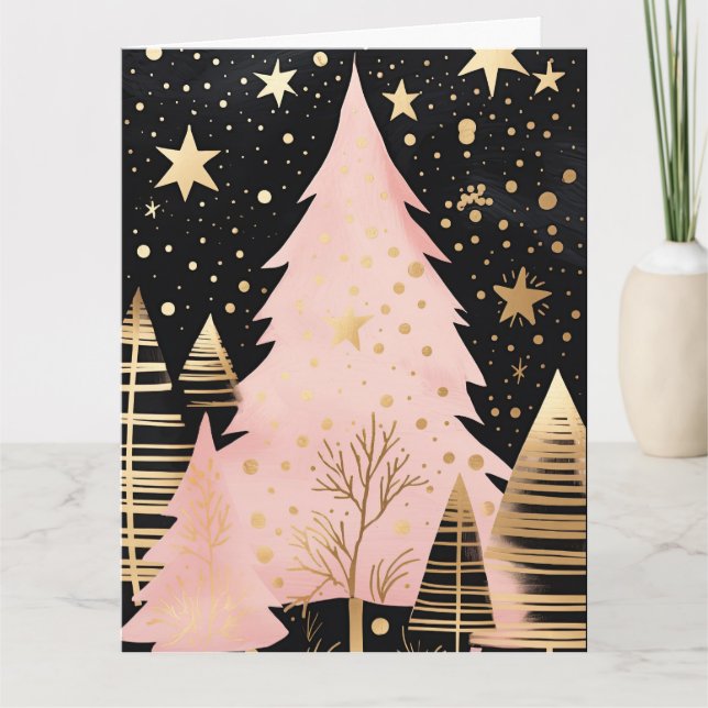 Cartão Árvore de Natal de Ouro rosa (Frente)