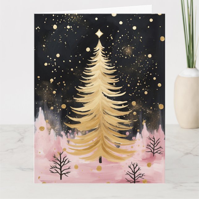 Cartão Árvore de Natal de Ouro rosa (Frente)