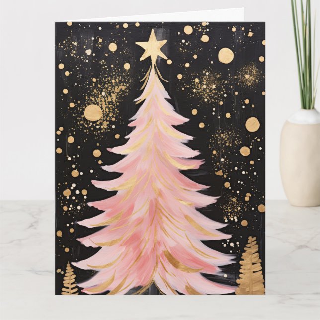 Cartão Árvore de Natal de Ouro rosa (Frente)