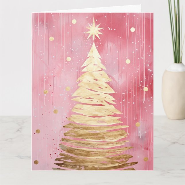 Cartão Árvore de Natal Dourada Rosa (Frente)