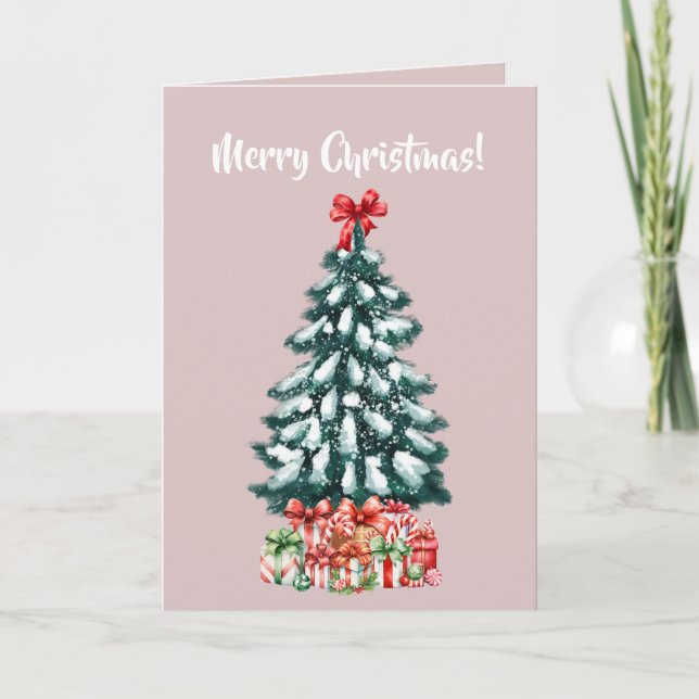 Cartão Árvore de Natal Elegante Nevada Rosa (Frente)