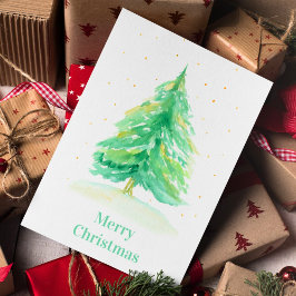 Cartão Árvore de Natal em Aquarela Com Neve Dourada