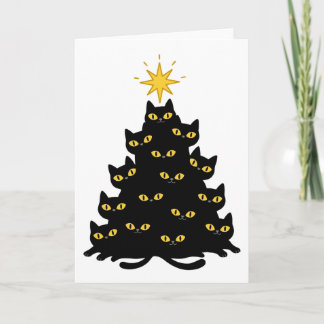 Cartão Árvore de Natal Felina de Gatos Pretos Engraçados