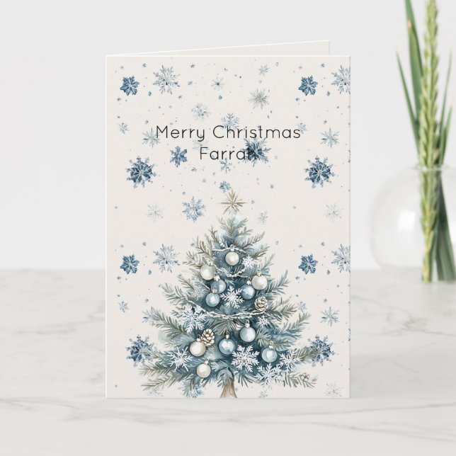 Cartão Árvore de Natal Flocos de Neve Azul Creme (Frente)