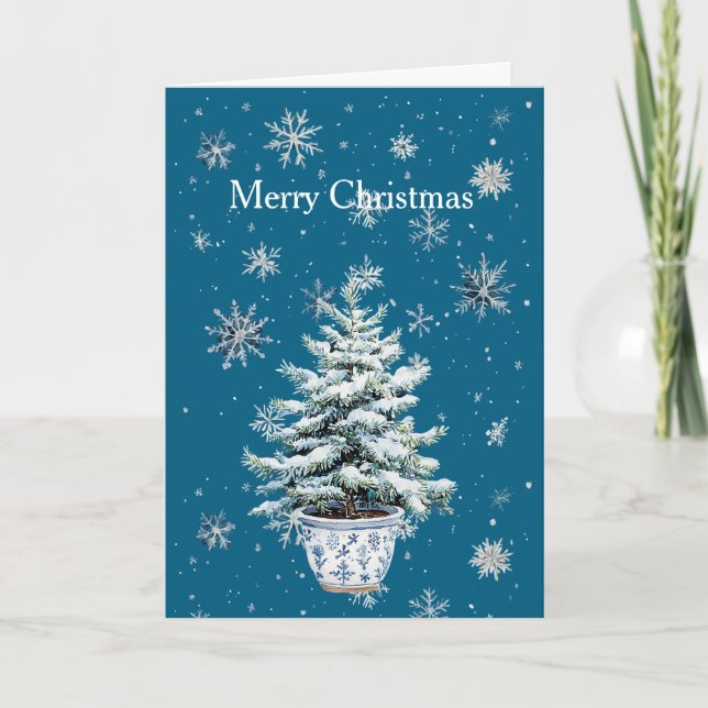 Cartão Árvore de Natal Flocos de Neve Azul Prata (Frente)