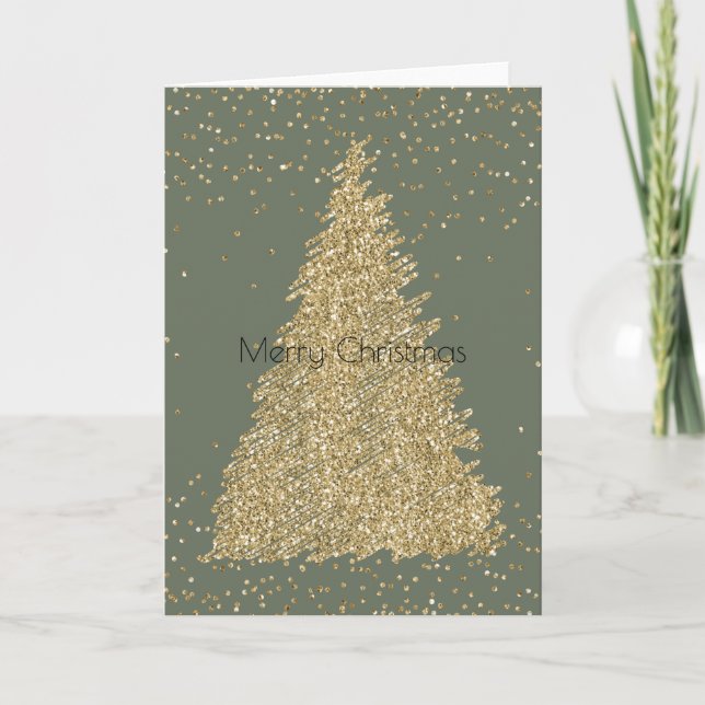 Cartão Árvore de Natal Glitter Dourada Verde de Pine (Frente)