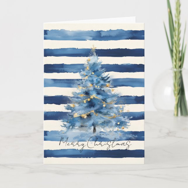 Cartão Árvore de Natal Listras Azul Dourado Prata   (Frente)