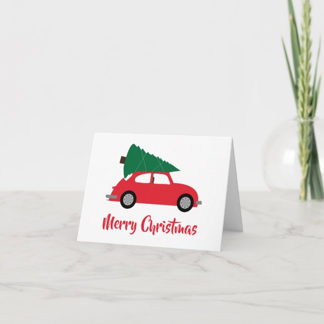 Cartão Árvore de Natal Mid Century Modern & Carro Vermelh (Frente)