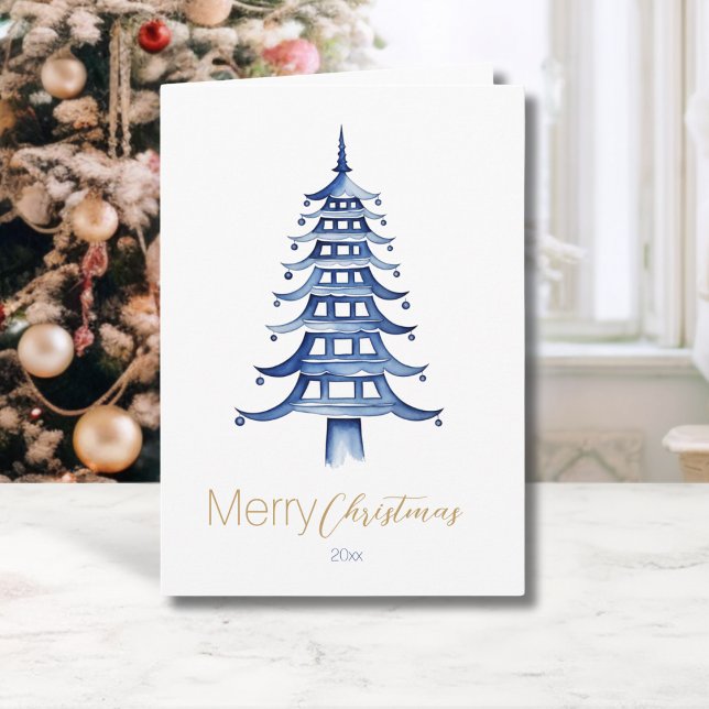 Cartão Árvore de Natal Pagode de Chinoiserie Azul (Blue Chinoiserie Pagoda Christmas Tree Card)