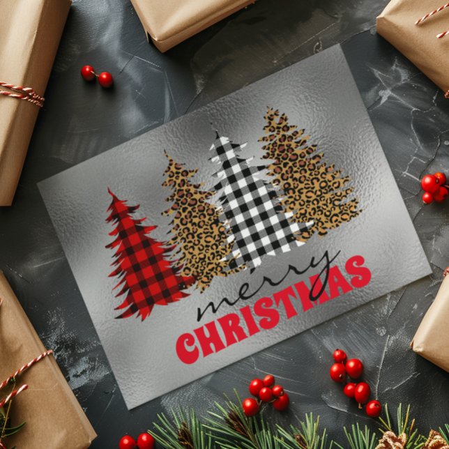 Cartão Árvore de Natal Xadrez Búfalo Leopardo Prata  (Criador carregado)