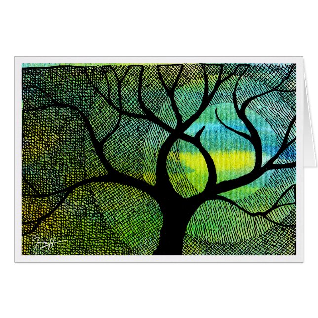 Cartão Árvore e Lua - Aquarelas Azuis e Amarelas (Frente horizontal)