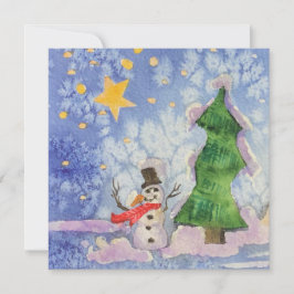 Cartão Árvore Feliz De Natal E Aquarela De Neve Congelada