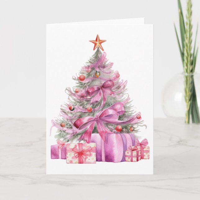Cartão Árvore Natal bonito Pink Watercolor (Frente)