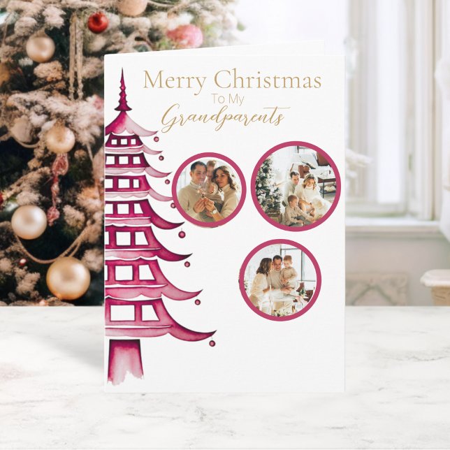 Cartão Árvore Pagoda Vermelha Natal 3-Foto Avô (Red Christmas Pagoda Tree Grandparent 3-Photo Card)