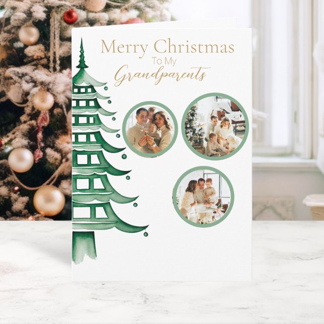 Cartão Árvore Pagode de Natal Verde Avô 3-Foto (Green Christmas Pagoda Tree Grandparent 3-Photo Card)