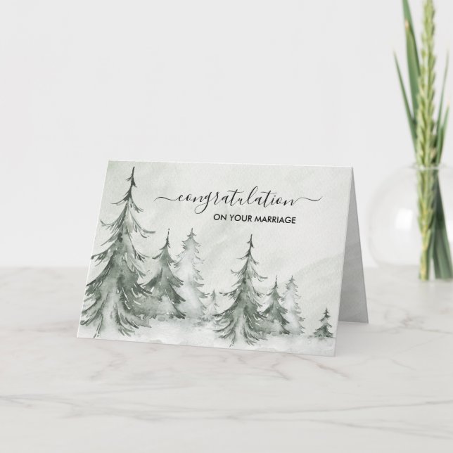 Cartão Árvores de Abeto em Aquarela Casamento de Inverno (Frente)