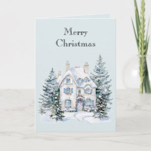 Cartão Árvores de Casa de Inverno de Natal Branco Azul