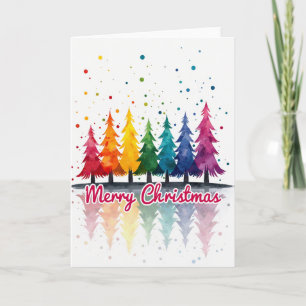 Cartão Árvores de Natal Coloridas em Aquarela