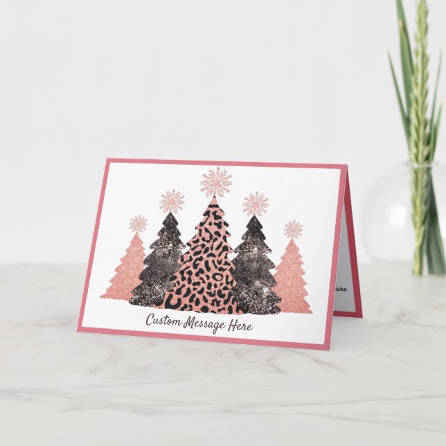 Cartão Árvores de Natal com Brilho Elegante Rosa Cinza Le (Frente)