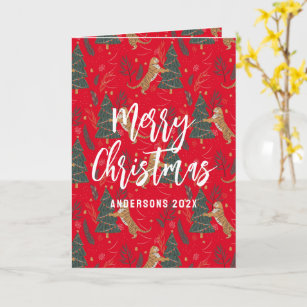 Cartão Árvores de Natal e tigres Padrão de fundo vermelho