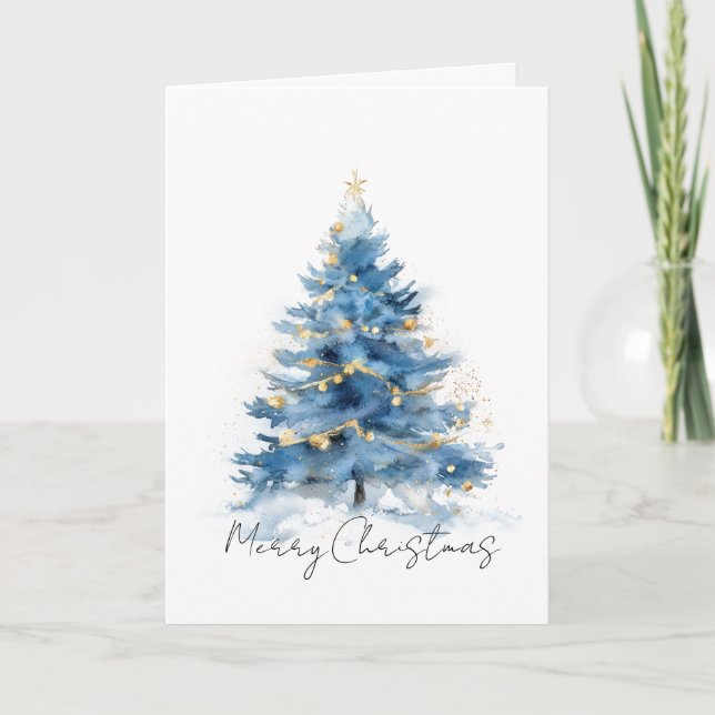 Cartão Árvores de Natal Ouro Azul Branco (Frente)