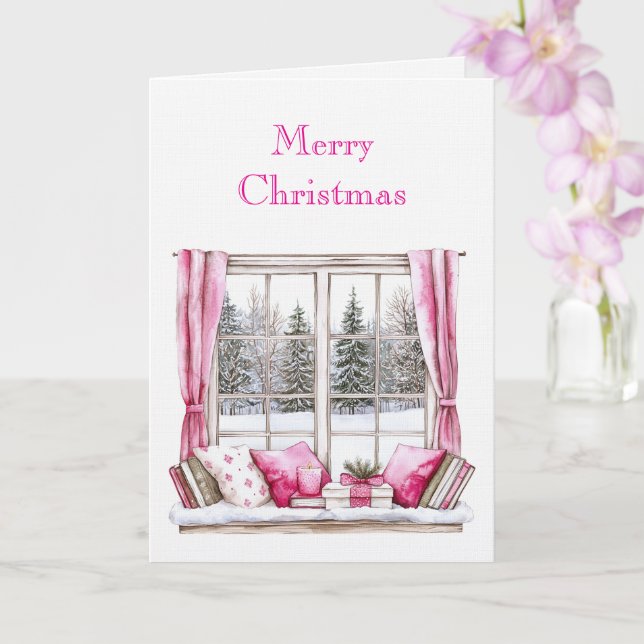 Cartão Árvores de Natal Pink Glam na Janela (Orquídea)