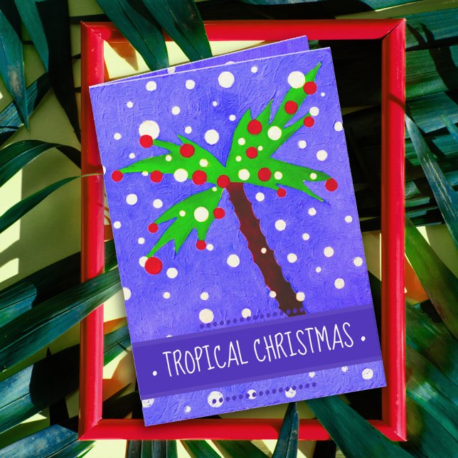 Cartão Árvores de Natal tropicais pontos de neve Feliz Na (Criador carregado)