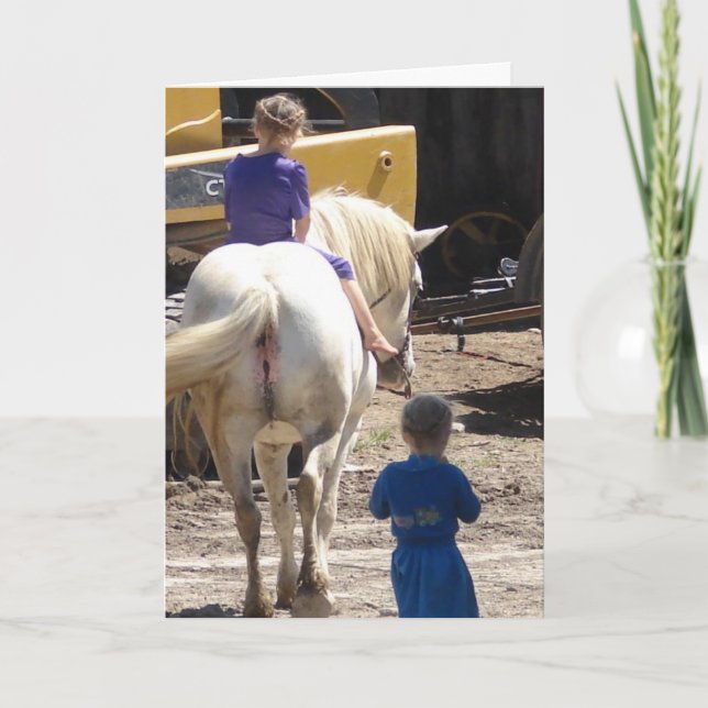 Cartão As Meninas Amish e seu Cavalo (Frente)