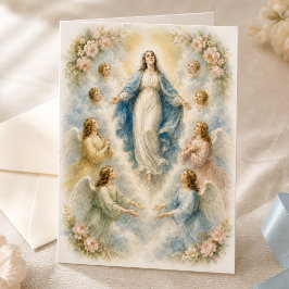 Cartão Assunção de Maria Floral Azul Vintage com Anjos