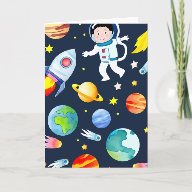 Cartão Astronaut in Space Planets and Rockets Pattern (Frente)