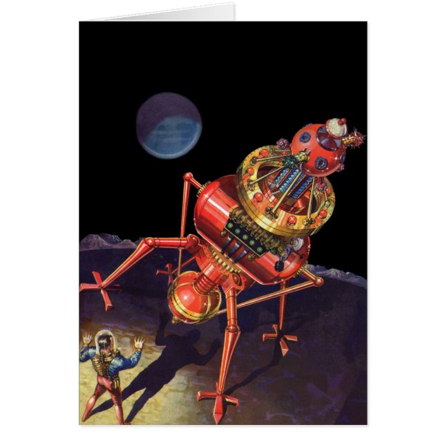 Cartão Astronauta de Ficção Científica Vintage com Robô A (Frente)