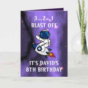 Cartão Astronauta Fofo Galáxia Roxa Preto 8º Aniversário