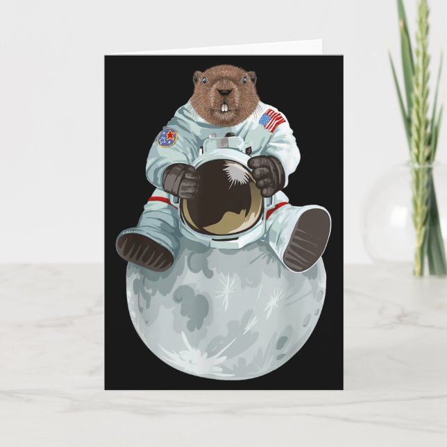 Cartão Astronauta Marmota Sentado Lua Roedores Espaciais  (Frente)