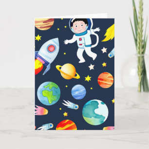 Cartão Astronauta no Espaço Planetas e Foguetes Padrão