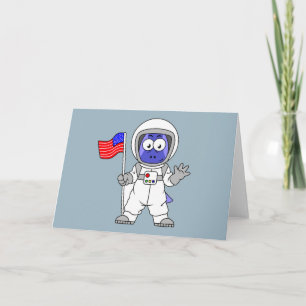 Cartão Astronauta Parasaurolophus Segurando Bandeira Amer