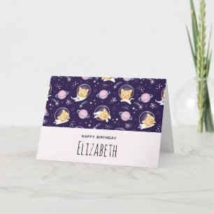 Cartão Astronautas de Gatinho Fofo Padrão de Aniversário