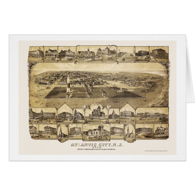 Cartão Atlantic City, mapa panorâmico de NJ - 1880 (Frente Horizontal)