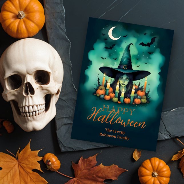 Cartão Attractive & Mystical Halloween Witch Conjures (Attractive & Mystical Halloween Witch Conjures Enchanting Spells Amid Glowing Candles Cards.)