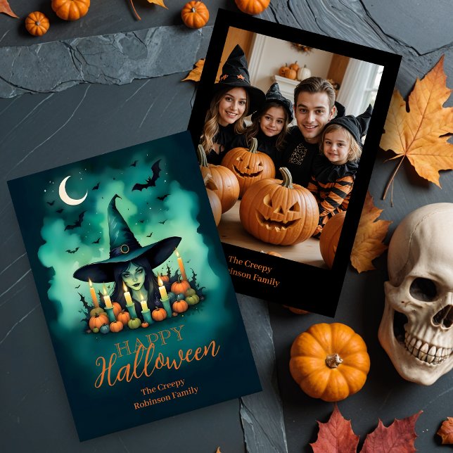 Cartão Attractive Mystical Halloween Witch Conjures Photo (Attractive & Mystical Halloween Witch Conjures Enchanting Spells Amid Glowing Candles Cards)