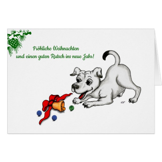 Cartão auf Deutsch Weihnachten mit Welpe Glocke und Ball (Frente Horizontal)