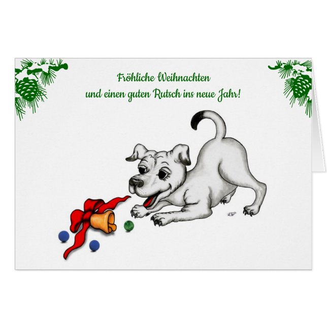 Cartão auf Deutsch Weihnachten mit Welpe Glocke und Ball (Frente Horizontal)
