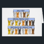 Cartão August segundo aniversário Cartoon Cats<br><div class="desc">Três filas de gatos de desenho animado de várias cores. Os gatos estão segurando faixas de cor azul pastel que dizem "Apenas pessoas muito especiais têm aniversários no segundo de agosto".</div>
