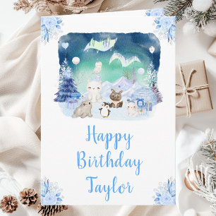 Cartão Aurora Boreal Animais Árticos Feliz Aniversário
