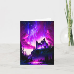 Cartão Aurora Boreal Rosa e Púrpura Sobre Uma Fada Branca